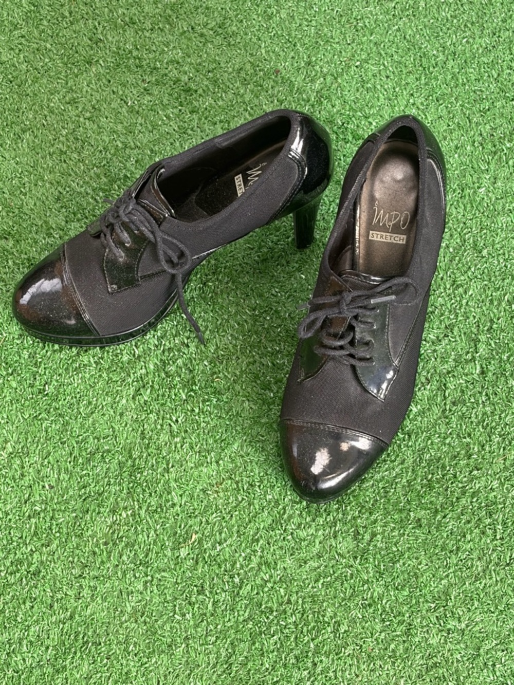 Black Lace-Up Patent Cap-Toe Heels